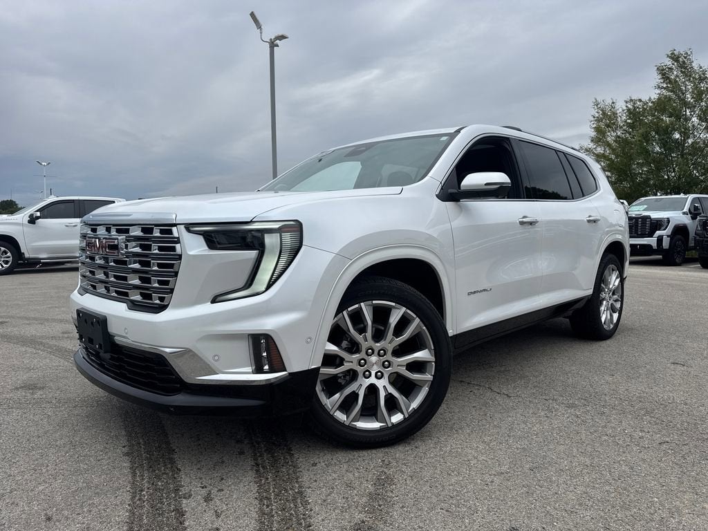 2025 GMC Acadia Denali in White Frost Tricoat — front three-quarter view